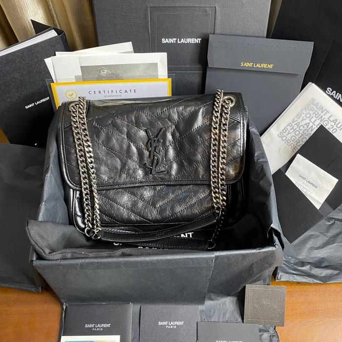 Authentic preloved rec 2022 ysl niki medium SHW crinkled leather shoulder bag