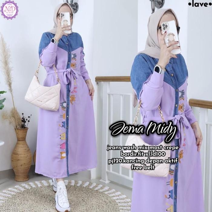 JEMA MIDI BY N&D LONG DRESS WANITA BAHAN JEANS WASH MIX MOST CREPE BORDIR LD 100 BAJU MUSLIM FULL KA