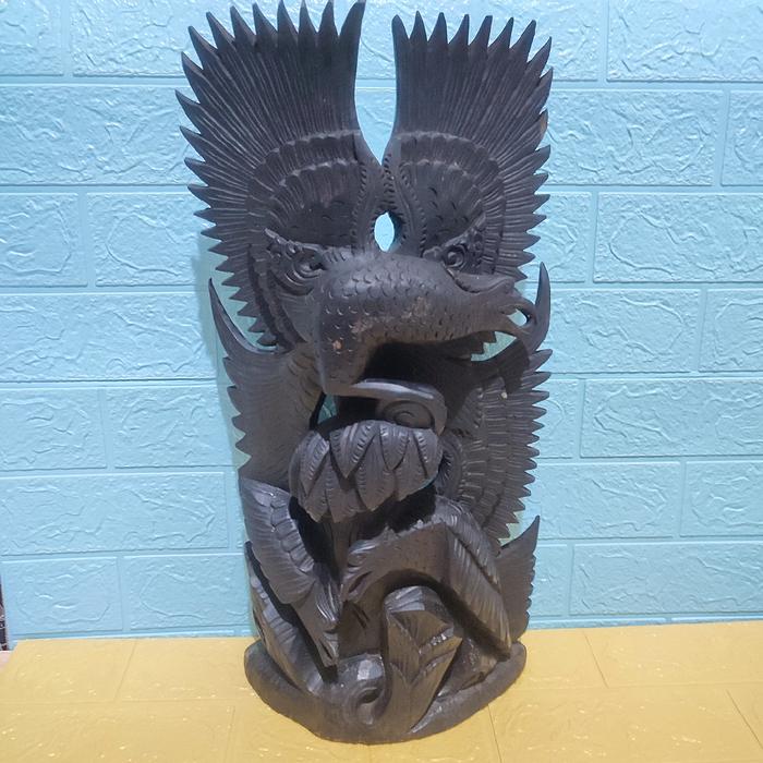 patung kayu 3 burung antik, 52cm