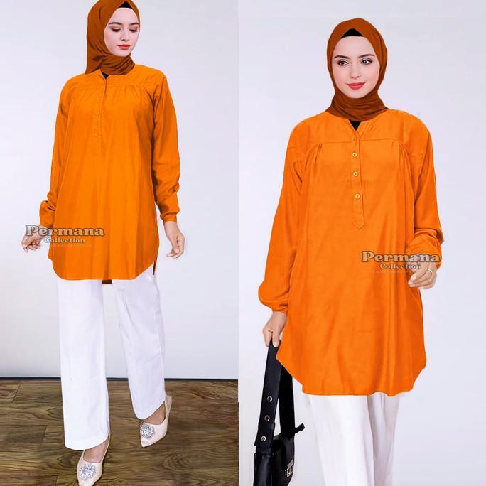 Baju Atasan Blouse Wanita Kemeja Lengan Panjang Orange Jumbo Dewasa