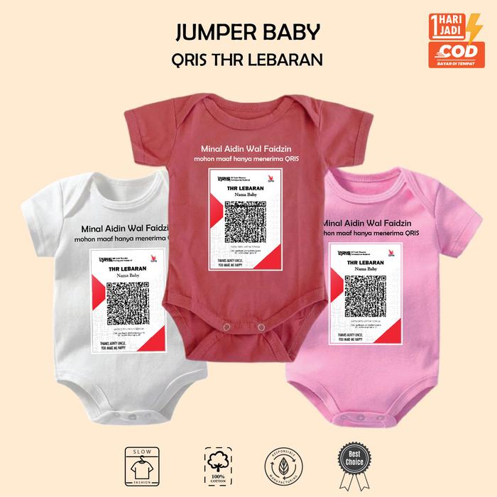 Baju Bayi Jumper Bayi Custom Barcode Qris Thr Lebaran Ramadhan Idul Fitri Jumpsuit Newborn 0-6 Bulan