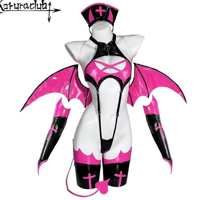 Koruraclub Cosplay Love Heart Succubus Lingerie Pu Leather One Piece Bodysuit For Women (6-Piece Set