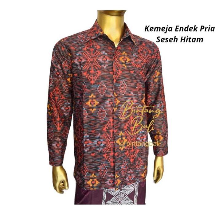 Baru Kemeja Endek Bali Katun Pria Motif Endek Seseh Gerimis warna Hitam Lengan Panjang