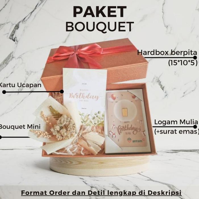 Paket Hampers 0,1 gr 0,25gr emas LM Antam + MINI BOUQUET Bunga Kering SUDAH termasuk Kartu Ucapan