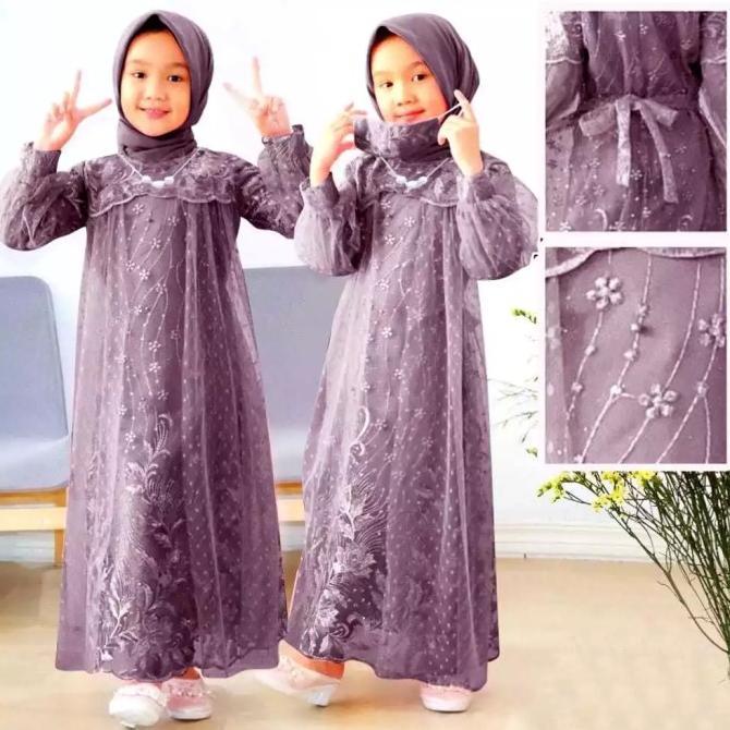 Gamis anak eliana kids 3 - 16 thn brukat tile dot ungu lilac gelap PS