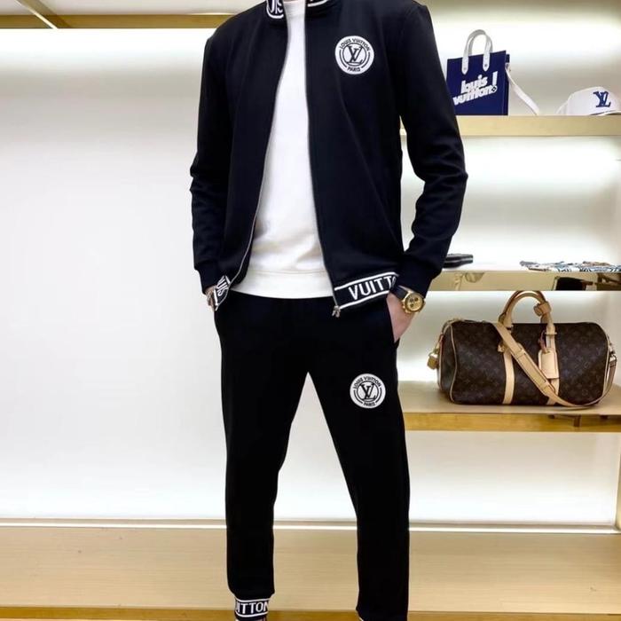 READY jaket setelan pria jacket LV cowok set training katun stretch tebal mirror hitam p1shoes