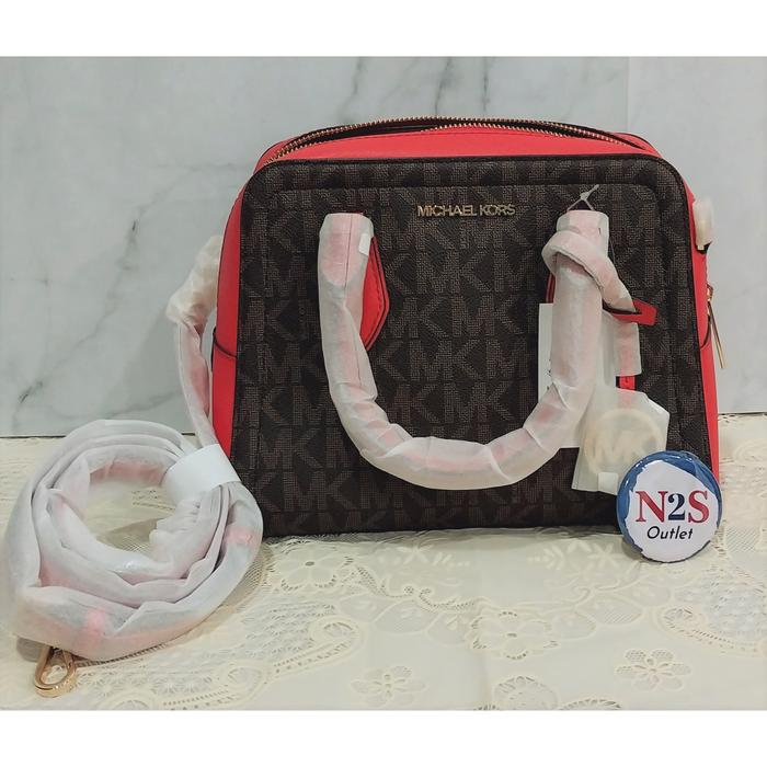 Michael Kors MK 15 Tas Wanita Ayden Original Red Sig Brown Bahan PVC Leather dengan Tali Selempang S