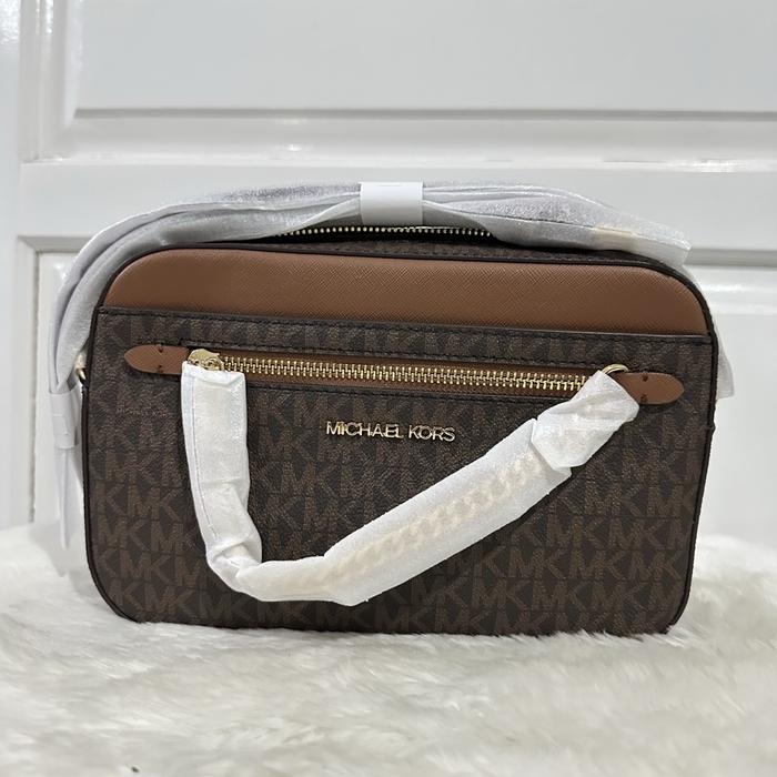 tas wanita mk large ew zip chain crossbody brown in
