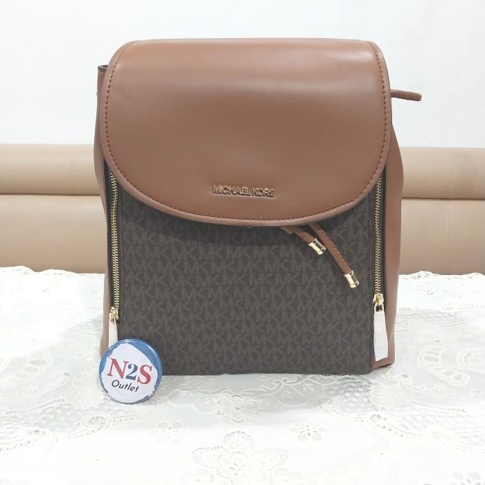 Michael Kors Ransel Wanita MK 43 Phoebe Medium Original Brown Leather Flap Drawstring Backpack 26x30