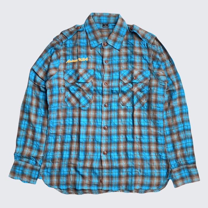 Blue Brown Veterano Plaid Avirex LTD USA 60th Anniversary 1990s Mens Flannel Longsleeve Shirts - Uni