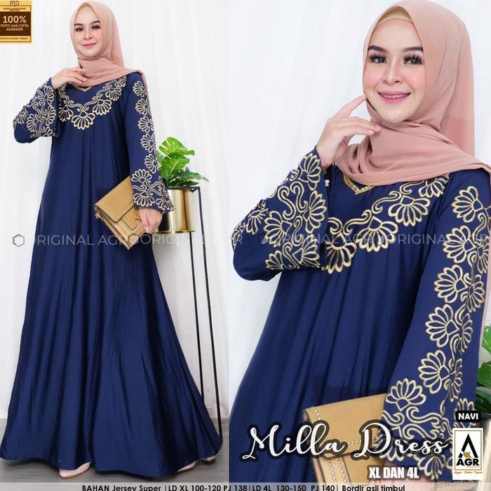 ORIGINAL (COD) MILLA DRESS Gamis Jersey Bordir Jumbo Big SIze L XL XXXL Terbaru 2022 Gamis Wanita Te