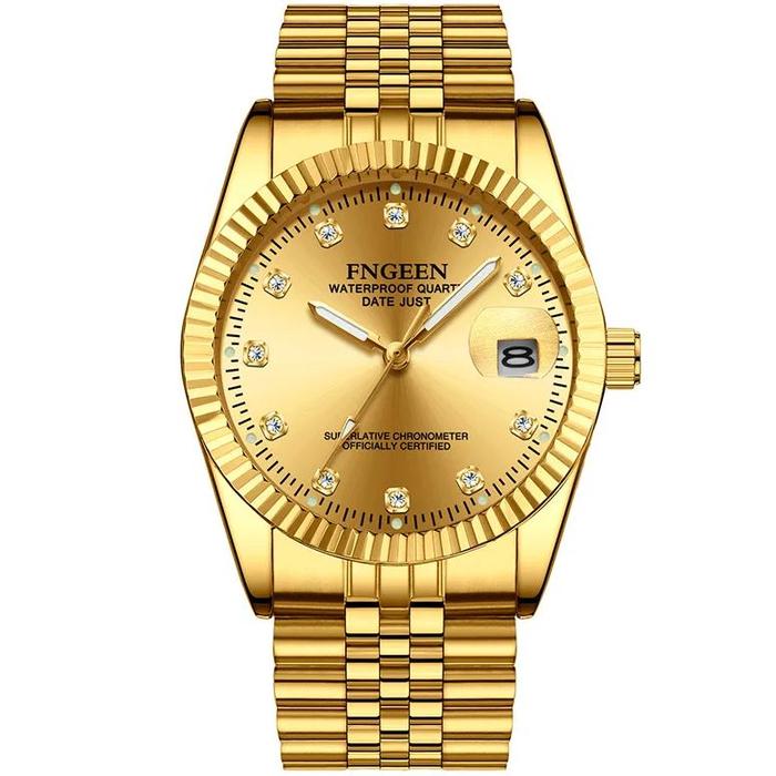 FNGEEN Couple Luxury Gold Clock Diamondencrusted Men Women Calen
