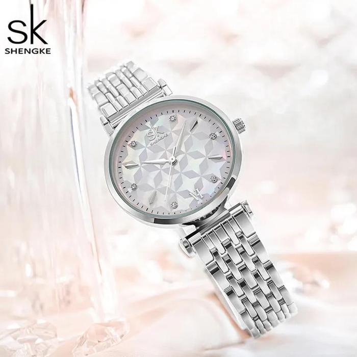 Shengke Bracelet Women Watch Silver Classical Wristwatch Gift for