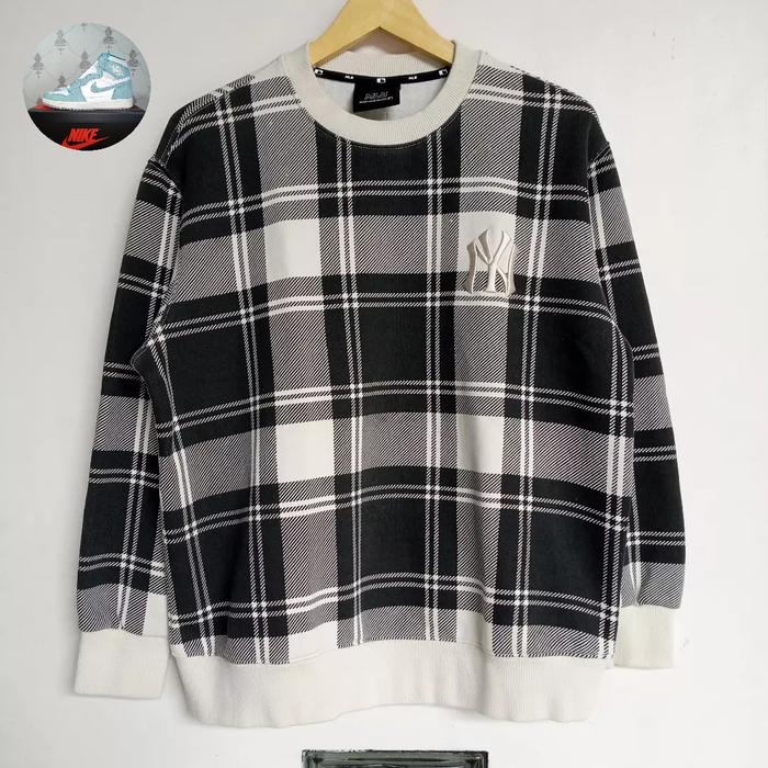 crewneck MLB bordir tartan hitam putih black white
