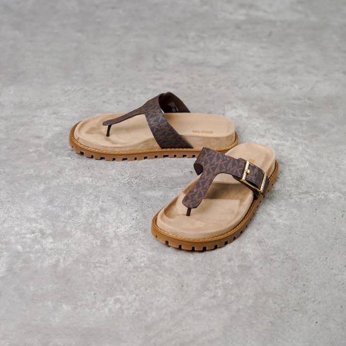 MICHAEL KORS MK Monogram Beige Flip Flop Sandal / Slide in Brown