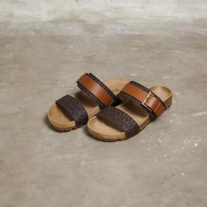 MICHAEL KORS MK Monogram Brown Strap Sandal / Slide in Camel