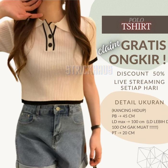 Borong Tshirt Kerah Polo Crop Top Rajutan Harajuku Pakaian Crop Wanita T-Shirt Putih Solid Lengan Pe