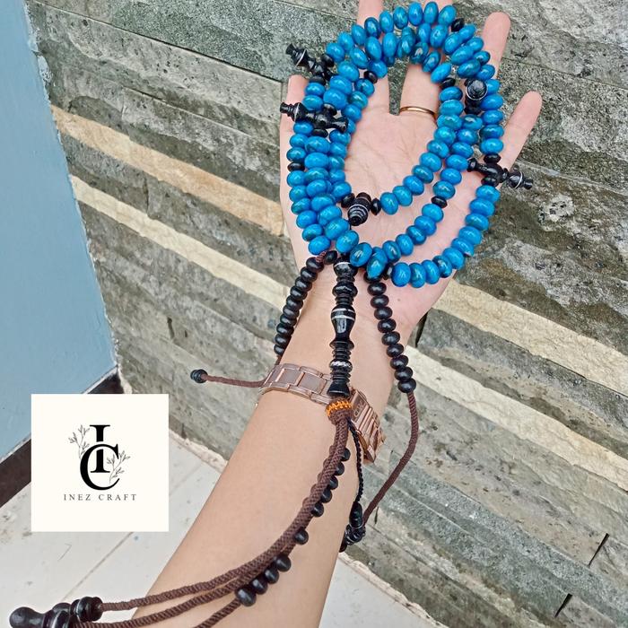 INEZ CRAFT Tasbih Tijani Batu Marjan Biru Kombinasi User Black T31 Motif Muslim Bahan Natural Diamet