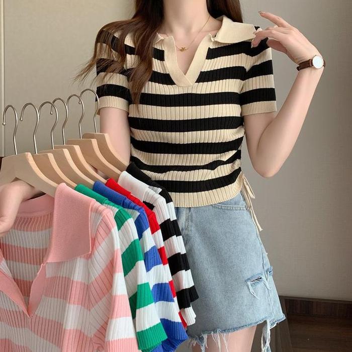 Borong Atasan Kerah Polo Rajut Salur Tali - Vneck Crop Top Blouse Stripe - Polo Shirt Atasan Wanita 