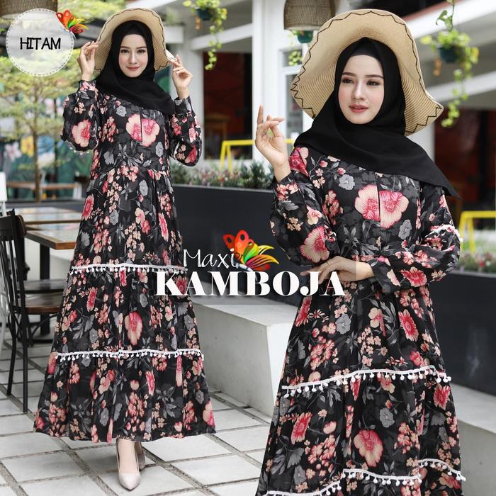 MAXY MOTIF BUNGA MAXI KAMBOJA BAHAN KATUN RAYON JEPANG KOMBI RENDA POMPOM, LD104 PJ132, SLETING BUSU