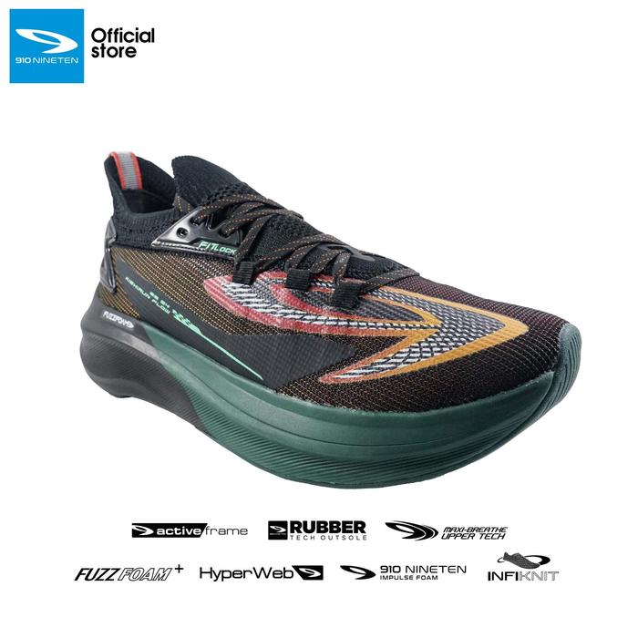 910 Nineten Kishi Run FLow Sepatu Lari - Hitam/Jingga/Merah
