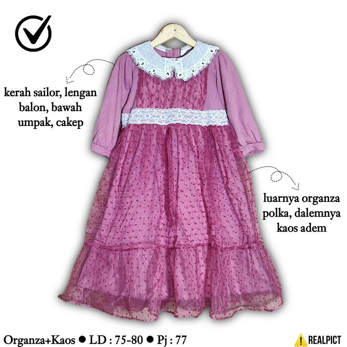 Gamis Anak Size 4 5 Tahun Sailor Organza Polkadot Motif Bintik Titik Megar Umpak Mewah Kondangan Leb