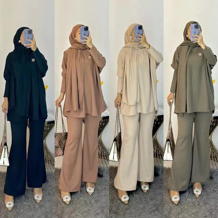 ￼3IN1 SETELAN + PASHMINA !! PRITA SET HIJAB KNIT FIT TO XL CELANA CUTBRAY // SETELAN POLOS TUNIK // 