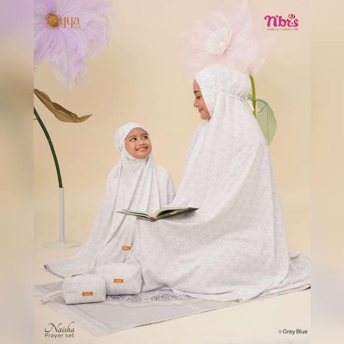 Nibras Mukena Terbaru Naisha Prayer Set Warna Abu Grey Blue Mukena Couple Sarimbitan Ibu Anak Bahan 