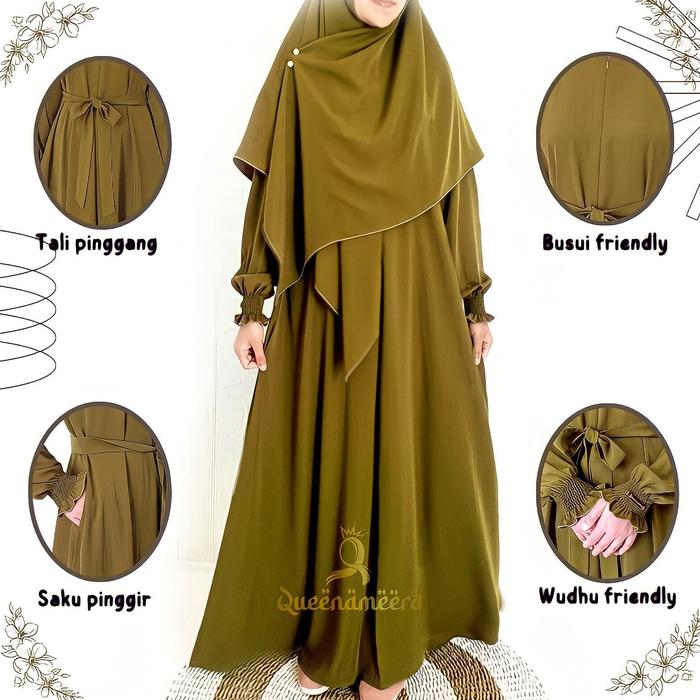 ABAYA QUEEN terbaru set Hijab Segi empat Syar'i 130×130 bahan Wolfis Grade A \ Gamis Syar'i \ Dress 
