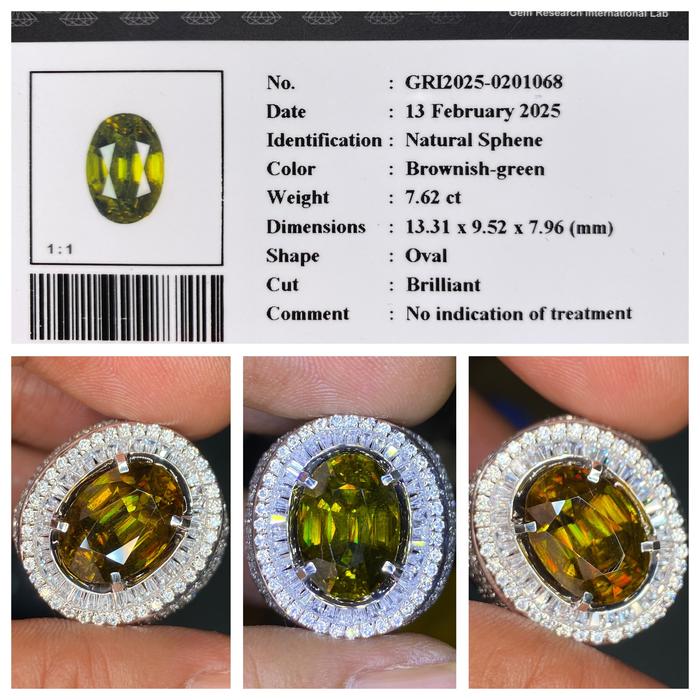 Natural 7.62ct brownish green rainbow sphene memo gri