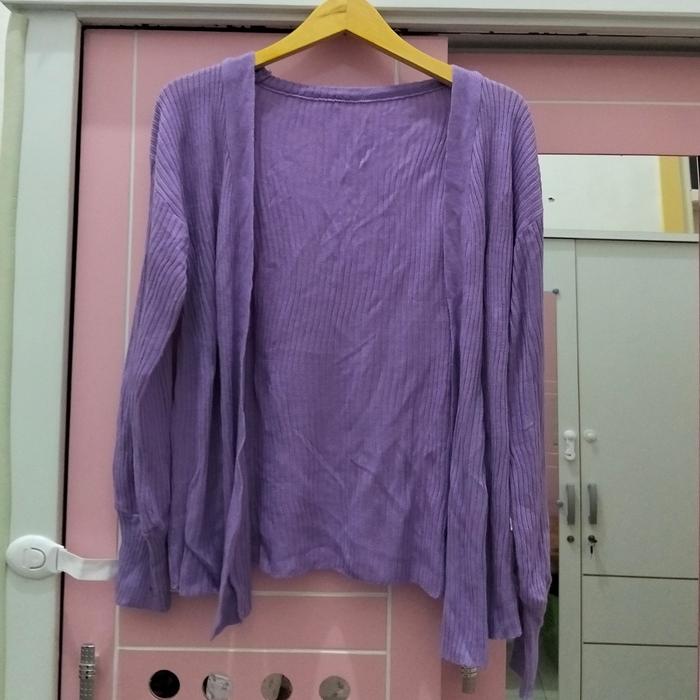 cardigan ungu polos wanita lengan panjang knit rajut lilac lavender outer preloved
