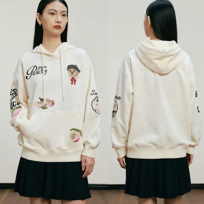 KAOS SWEATER HOODIE IVORY  PUTIH GADING DROP SHOULDER BORDIR BORDIR BEAR TEENIE WEENIE KOREA IMPORT