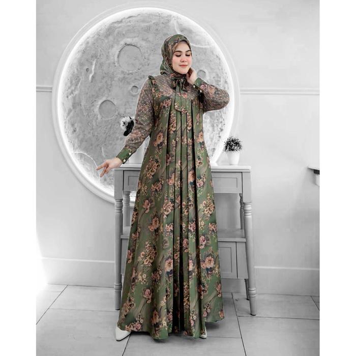 gamis motif terbaru armany brown set hijab mix tile kotak//dress motif bunga set jilbab segi empat