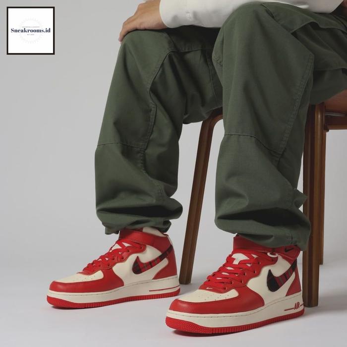 Nike Air Force 1 Mid '07 LX Plaid Cream Red Original Resmi (100% Authentic)