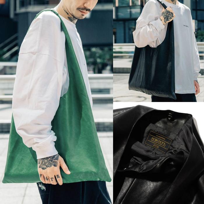 TAS BAHU TOTE SHOULDER BAG BOHO UNISEX PRIA WANITA KULIT SINTETIS PU HIJAU HITAM SUBCIETY JAPAN KORE