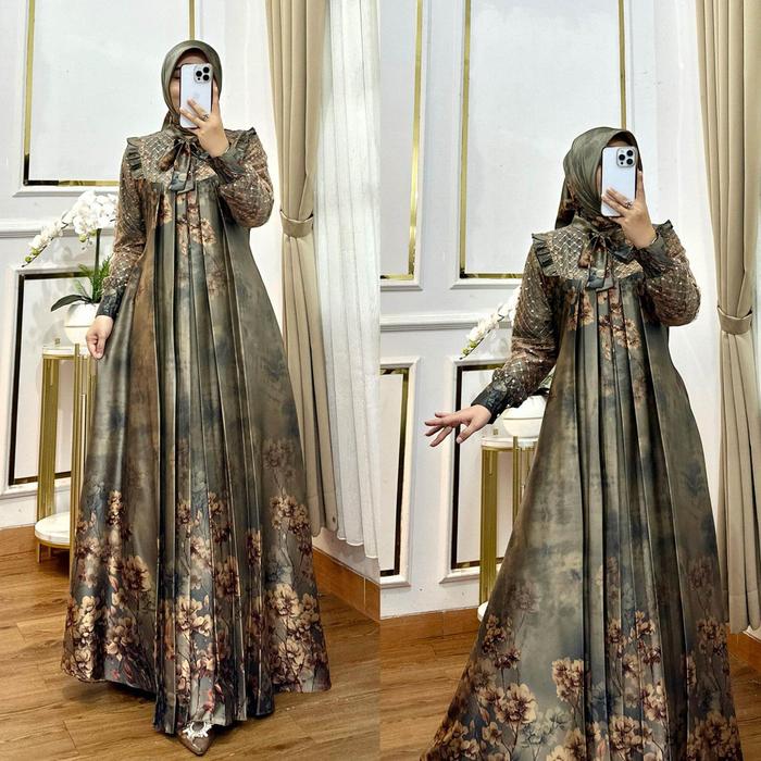 gamis motif armany brown kombinasi tile kotak set hijab terbaru/dress fashion wanita
