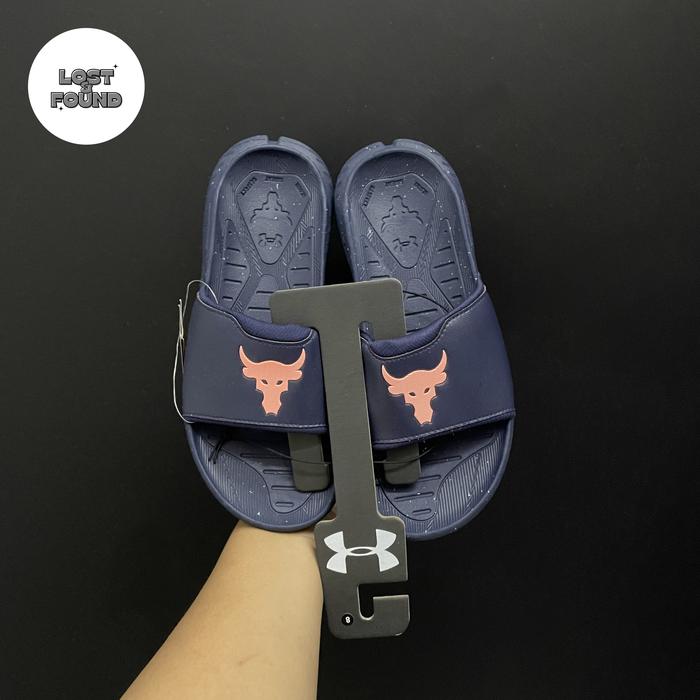 UNDER ARMOUR PROJECT ROCK 3 SANDAL SLIDES NAVY ORANGE