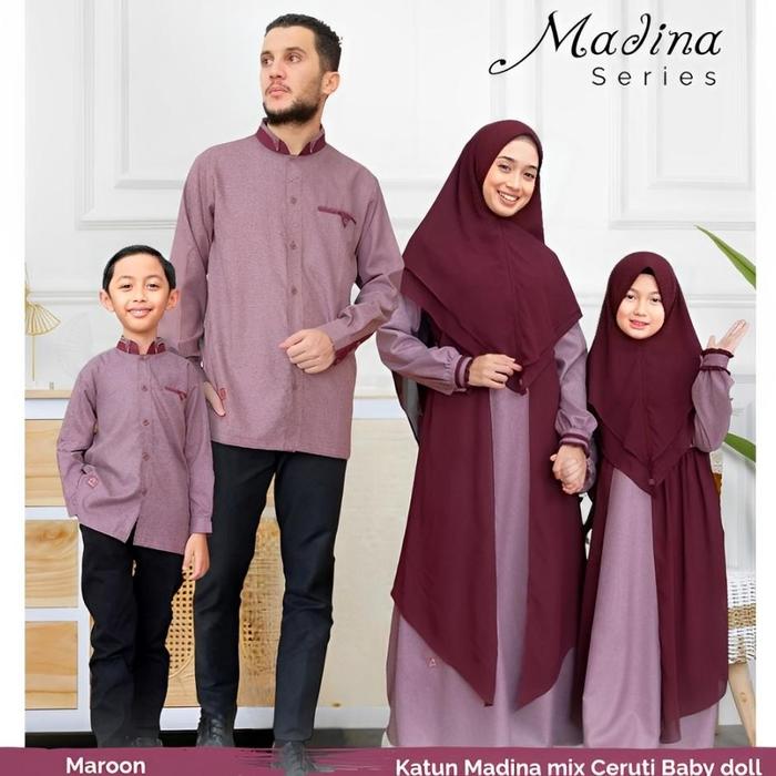 Madina Series Baju Sarimbit Couple Keluarga Muslim Gamis Katun Madina Mix Ceruti Baby doll Maroon