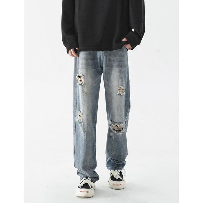 Disai - Celana Jeans Sobek Pria Celana Denim Panjang Robek Ripped Cowok Versi Korea Pants K501A