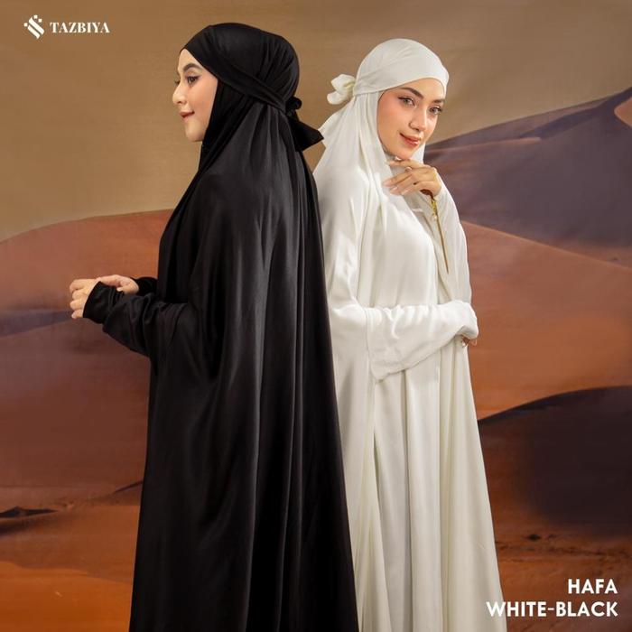 TAZBIYA HAFA SERIES | MUKENA ABAYA GAMIS PREMIUM | MUKENA TERUSAN UMROH HAJI HITAM PUTIH JUMBO