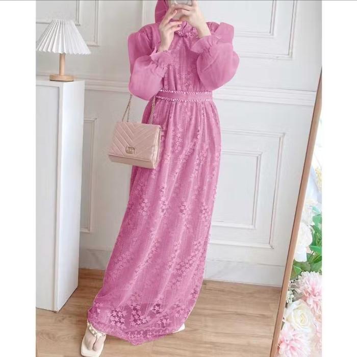 HM Gamis mouren dress brukat malika gaun pesta lebaran M L XL dusty teracota biru sage hitam abu put