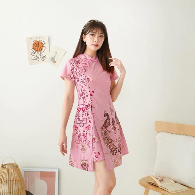 Dress Batik Cheongsam Warna Soft Pink Dres Katun Baju Wanita Natal Imlek
