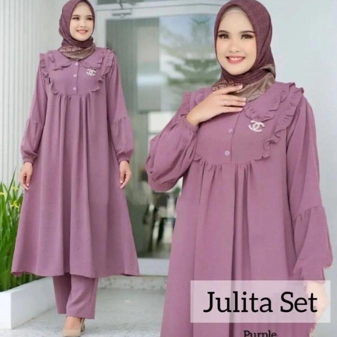 setelan wanita julita set kancing one set long tunik cringkle premium