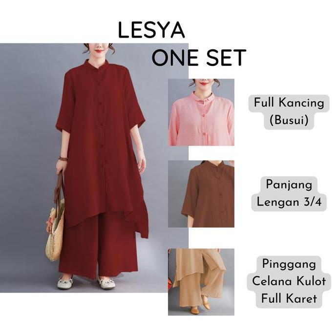 lesya setelan wanita one set jumbo atasan tunik dan celana kulot bahan katun linen rami daily set ke