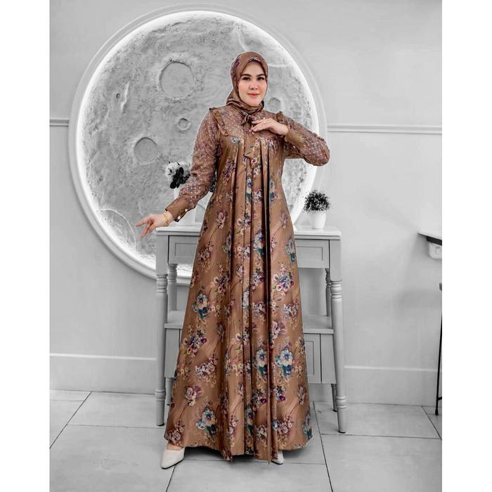 gamis motif terbaru armany brown set hijab mix tile kotak//dress motif bunga set jilbab segi empat