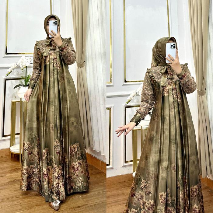 gamis motif armany brown kombinasi tile kotak set hijab terbaru/dress fashion wanita