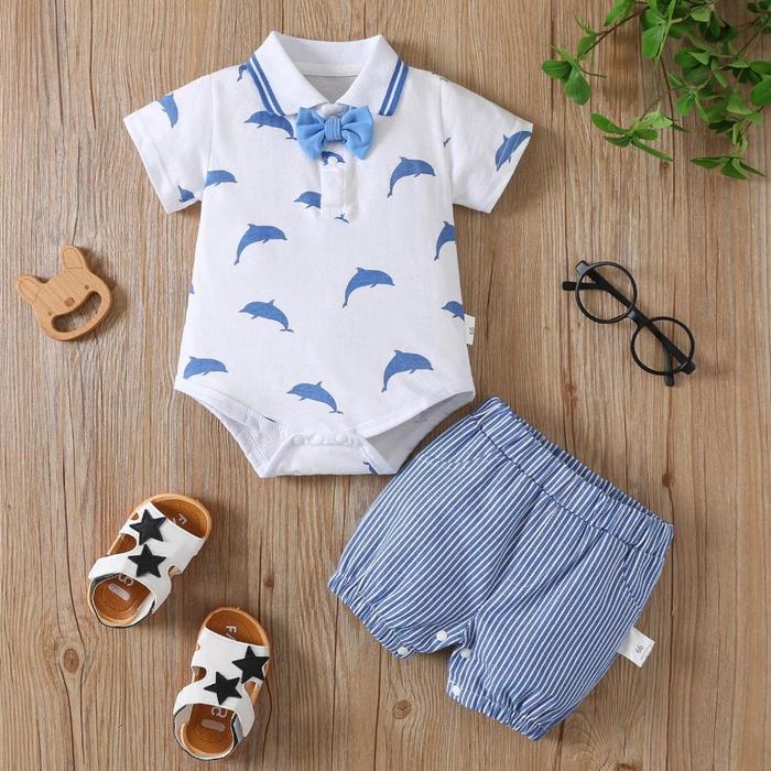 Jumper bayi model segitiga anak lakilaki usia 0-18 bulan motif lumba-lumba biru / Jumper segitiga pr