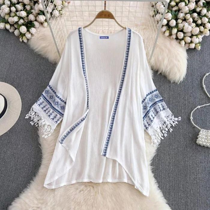 Baju Luaran Wanita Outer Kimono Boho Bohemian Putih Lace Tassel Cream And White