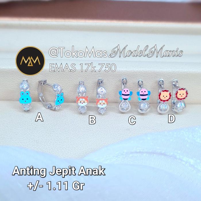 Anting Jepit Anak karakter kartun emas putih 750 kadar 17k