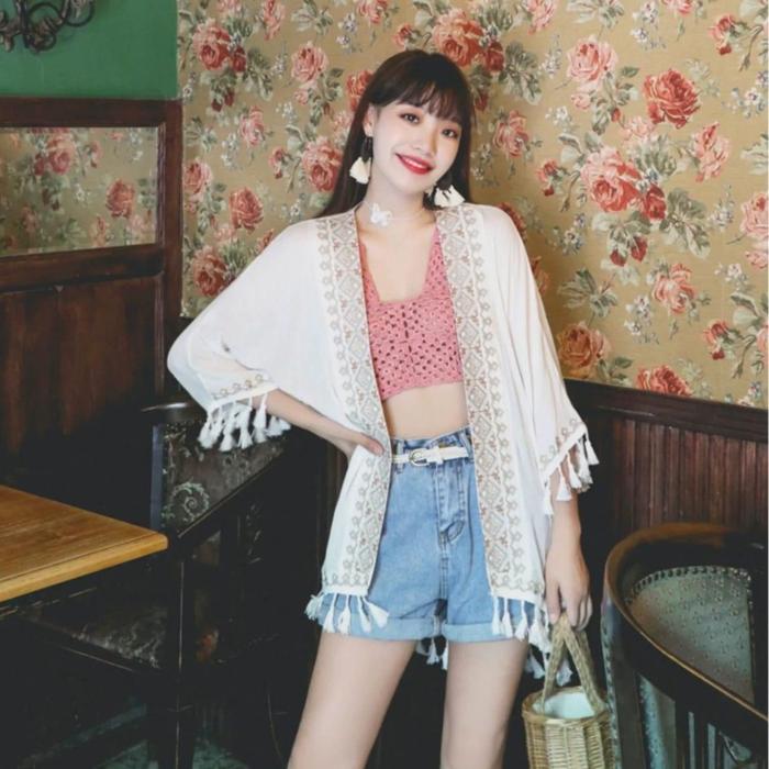 Outer Kimono Boho Bohemian Kardigan Cardigan Lengan Panjang Tassel